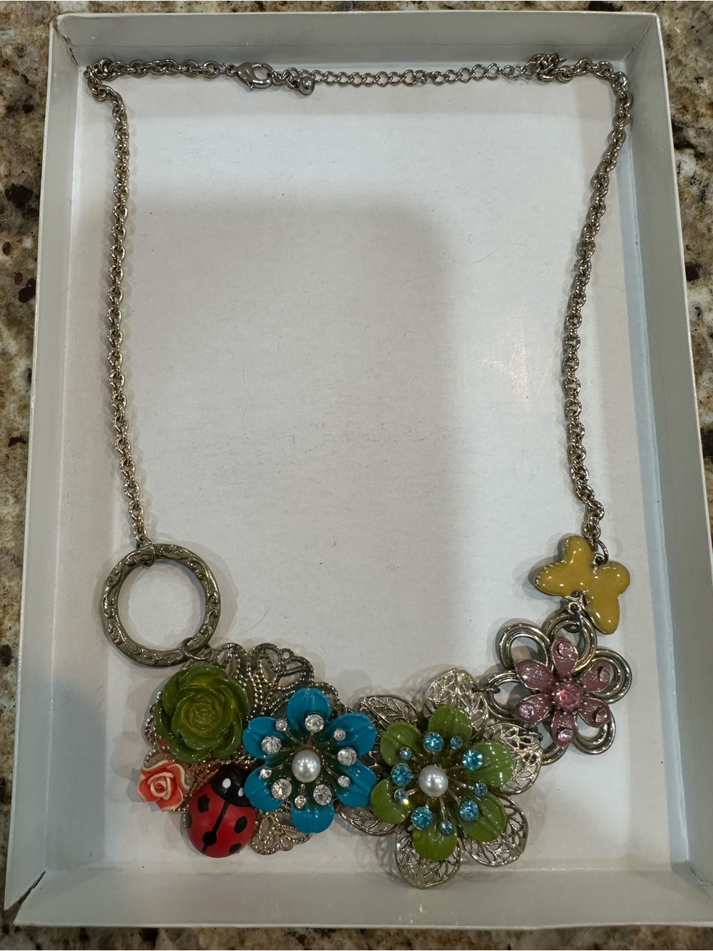 Vintage enamel flower ladybug butterfly bib necklace